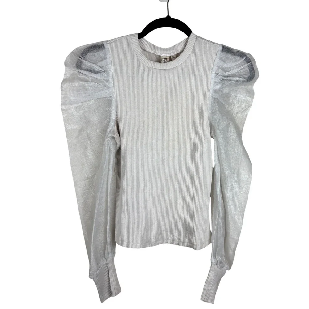 Dolan Collection White Ribbed Knit Sheer Organza Puff Sleeve Top XS